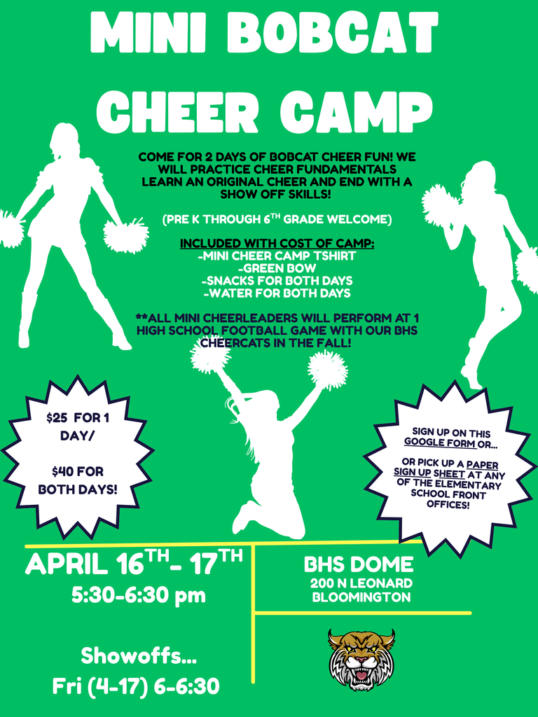 green flyer with backgorund of cheerleaders and bobcat. information from post included!