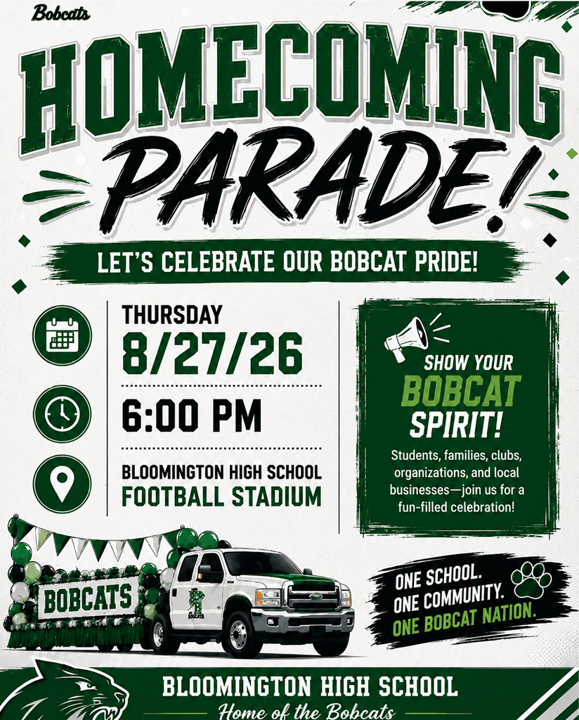 white background with green writing, a picture of a white truck with Bobcat green designs and paw prints. information about parad with start time of 6 pm listed!