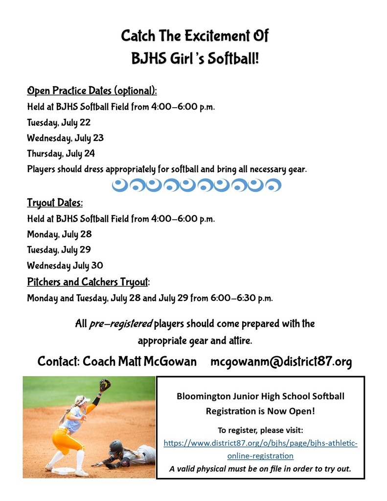 BJHS Girl's Softball Tryout Flier July 2025