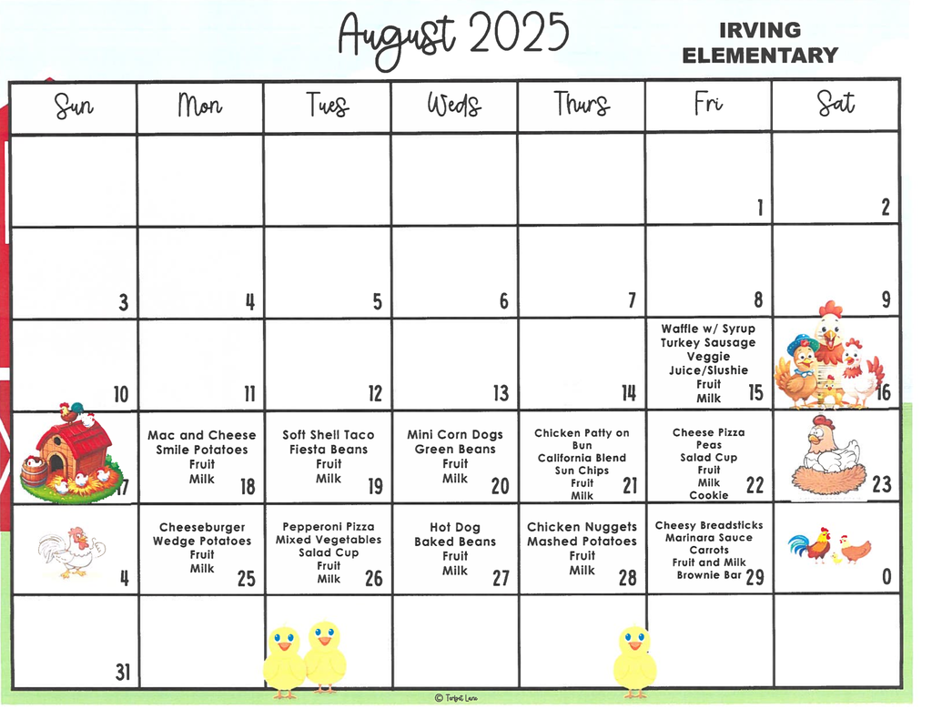 August Lunch Menu for Irving