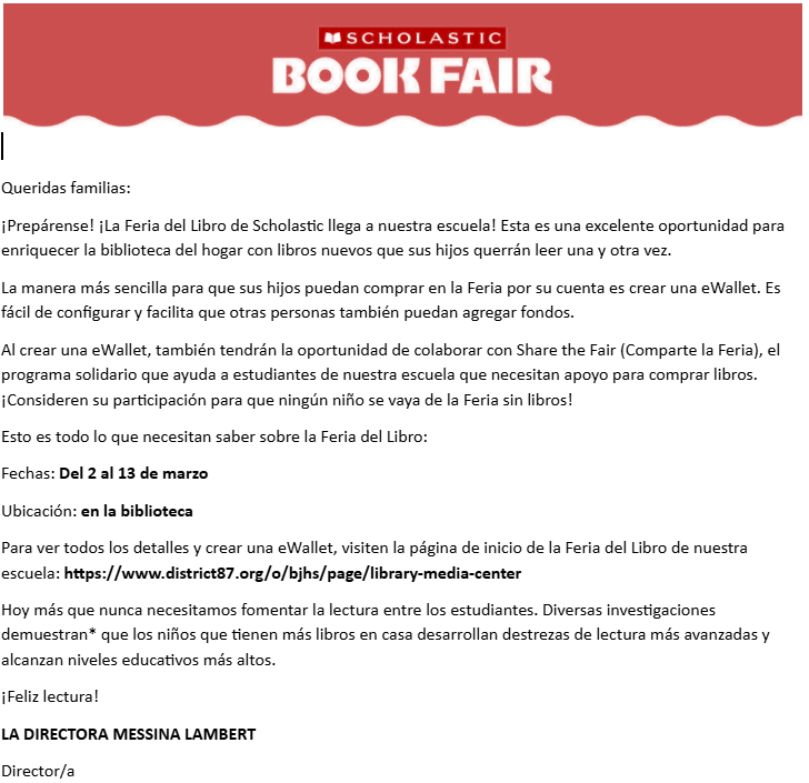 March Book Fair letter in Spanish