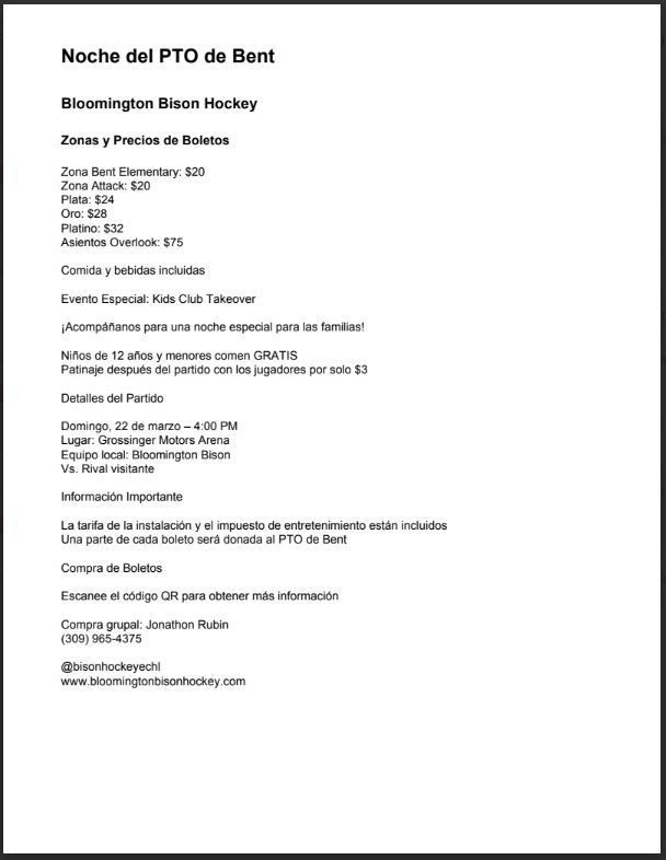 Noche de la Escuela Bent en el Juego de Hockey  Bloomington Bison 