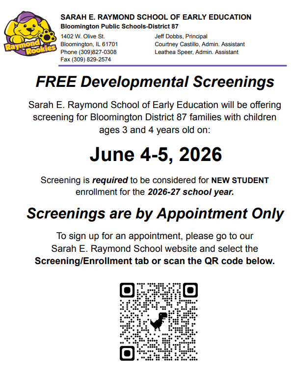 Developmental Screening flyer for Sarah Raymond- English