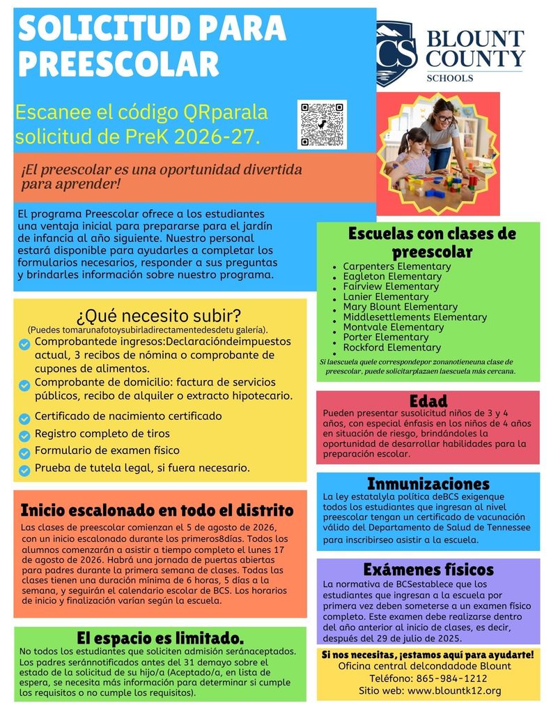 Official Blount County Schools flyer showing a teacher and young student smiling while playing with colorful building blocks. Text highlights PreK application details for 2026-27.
