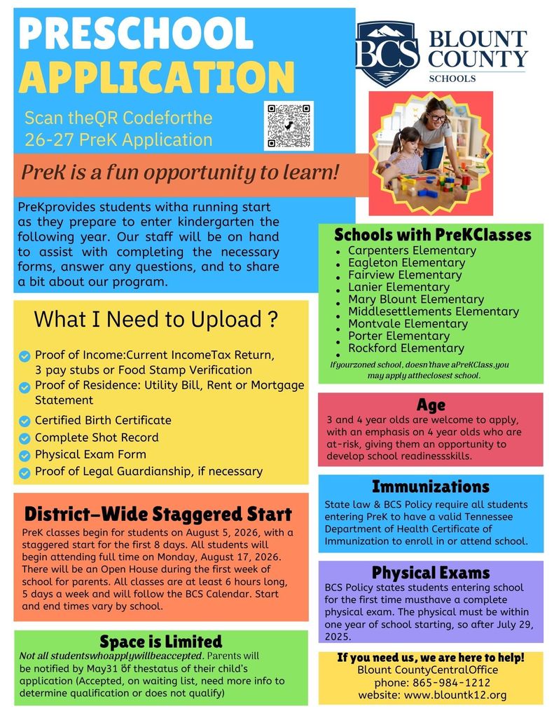 Official Blount County Schools flyer showing a teacher and young student smiling while playing with colorful building blocks. Text highlights PreK application details for 2026-27.