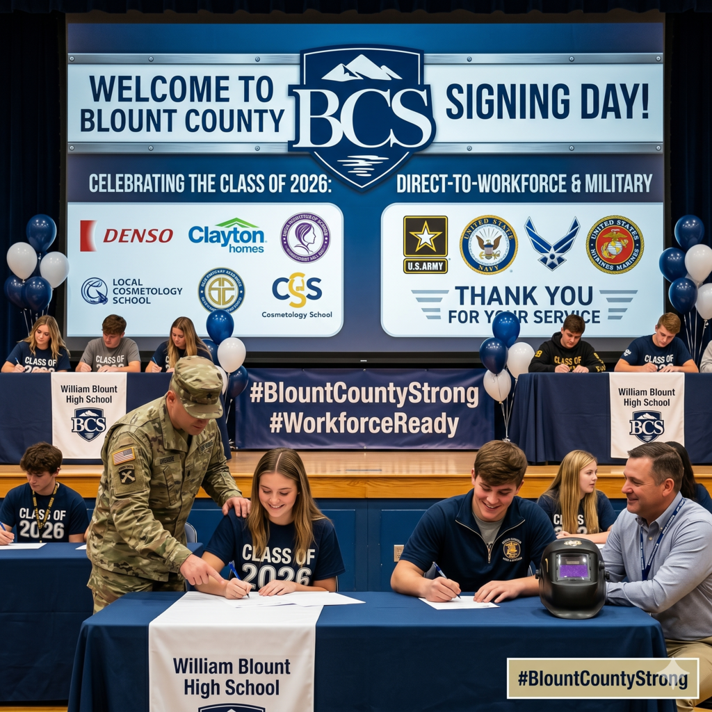 A high school signing day event is in progress, with students in "Class of 2026" shirts signing papers at tables with navy cloths. A digital screen in the background displays a "BCS" logo (with mountains and water details) and military and local business logos. An Army soldier points to a paper for one student, while another sits near a welding helmet. #BlountCountyStrong is visible.