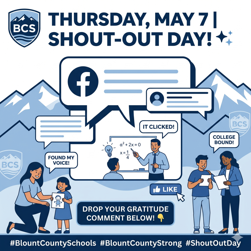 The comments section is open for one reason only: YOUR gratitude! 💙 Let’s show our BCS educators some love! 🏔️✨Caption: We know you have so many wonderful stories and "thank yous" for the teachers of Blount County Schools, and today is your moment! Whether it’s that special kindergarten teacher who helped your child find their voice, the middle school math teacher who made algebra click, or the high school mentor who guided your teen’s college application process... now is the time to share!  Drop a comment below celebrating a specific BCS educator. Let’s create a tidal wave of positivity and gratitude across our beautiful county! 👇💙  #BlountCountySchools #BlountCountyStrong #ShoutOutDay
