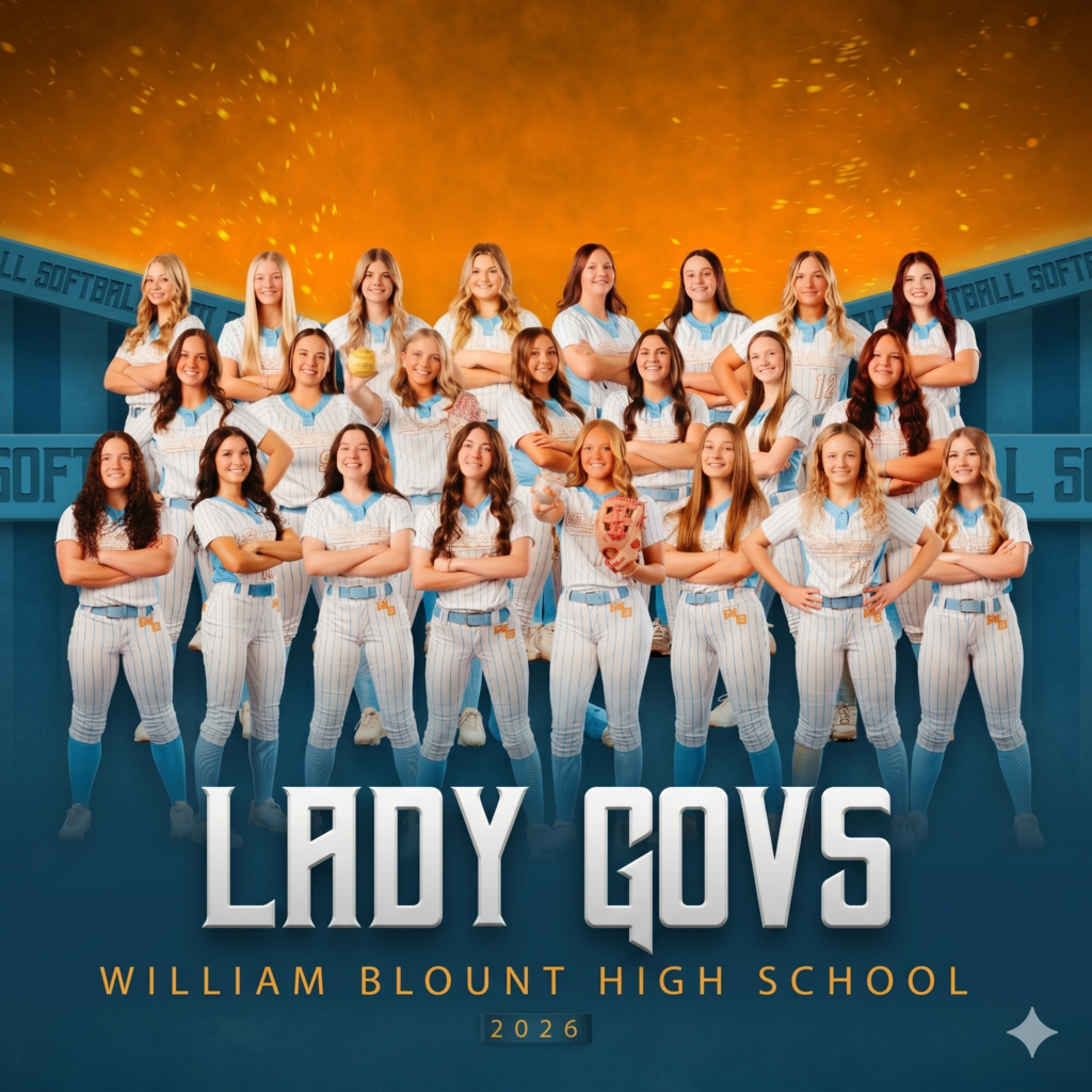 Team photo of the William Blount High School Lady Govs softball team for the year 2026. The 20 players are posed in three rows, wearing blue and white pinstripe uniforms with "LADY GOVS" on the chest. The background features a dramatic orange-to-blue gradient with a subtle softball field pattern. Bold text at the bottom reads, "LADY GOVS" above smaller text "WILLIAM BLOUNT HIGH SCHOOL" and "2026."