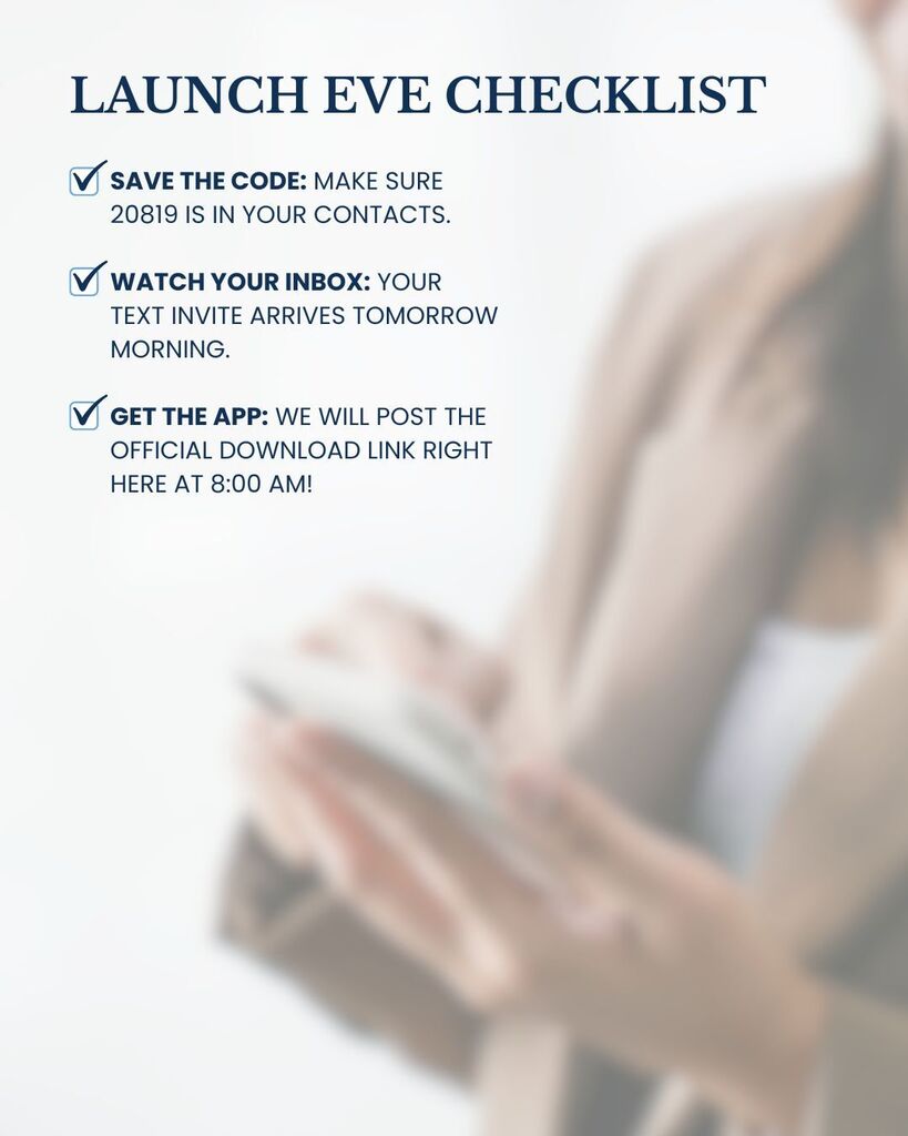 "A professional checklist graphic for Blount County Schools titled 'Launch Eve Checklist.' It features three steps with green checkmarks: saving short code 20819, watching for a text invite, and visiting the Live Feed for the app link. The background shows a blurred image of a person using a smartphone, and the BCS logo is at the bottom."
