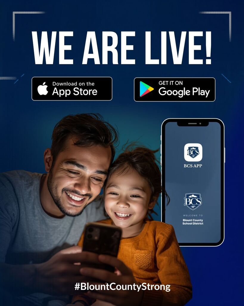 "An official launch graphic for Blount County Schools titled 'WE ARE LIVE!' The graphic features download buttons for the Apple App Store and Google Play Store, alongside an image of the district app showing exactly where to find the Rooms toggle. The BCS logo is at the bottom."