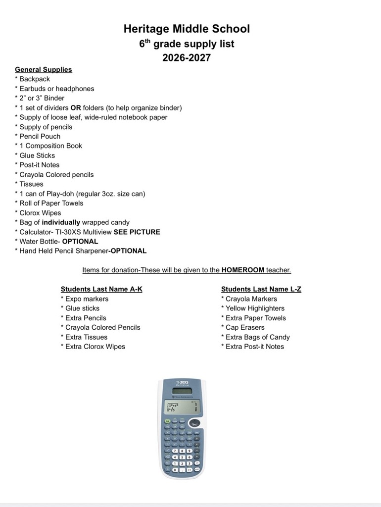 6th Grade Supply List 26-27