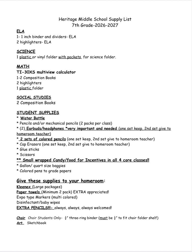 7th Grade Supply List 26-27