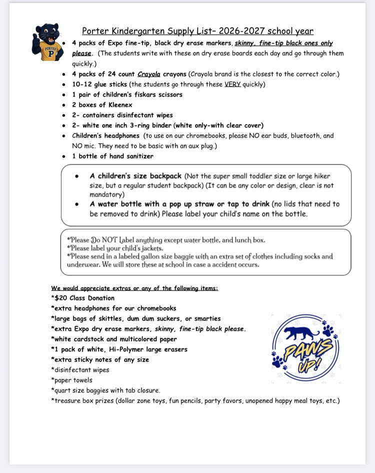 kindergarten supply list