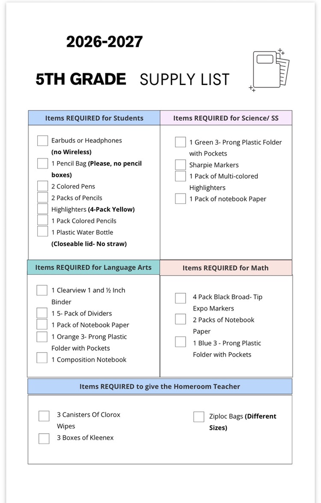 5th supply list