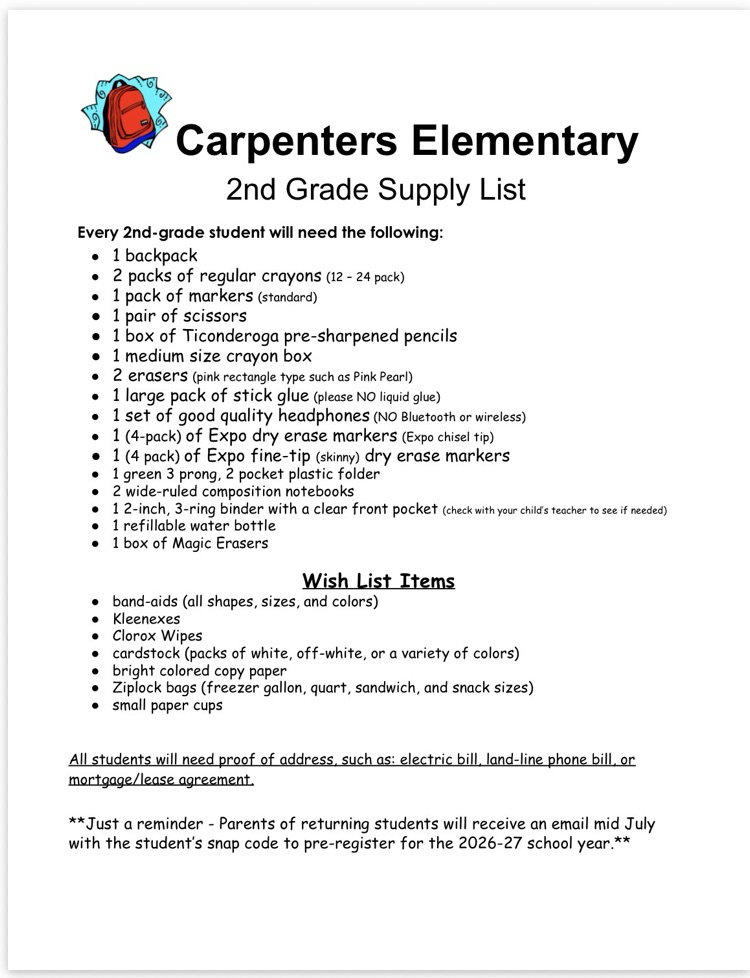 2nd grade supply list 