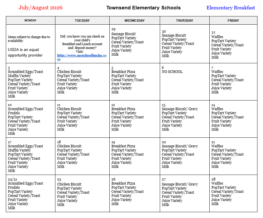 July/ August breakfast menu