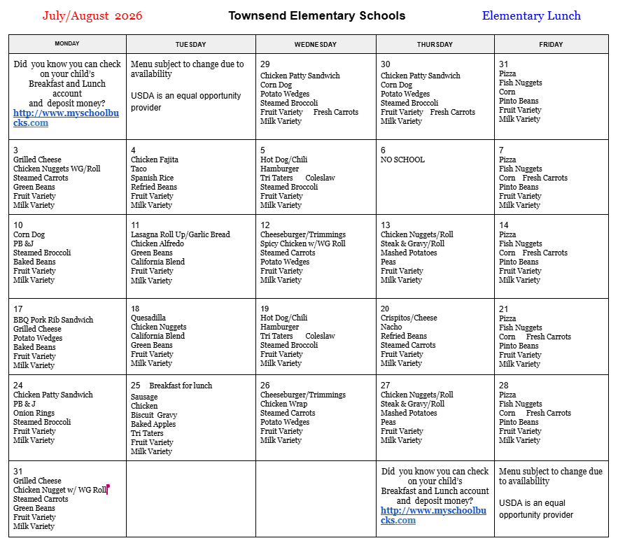 July and August Lunch Menu