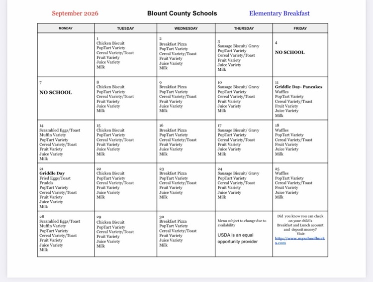 September Breakfast Menu
