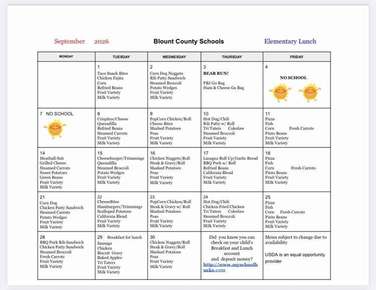 September Lunch Menu
