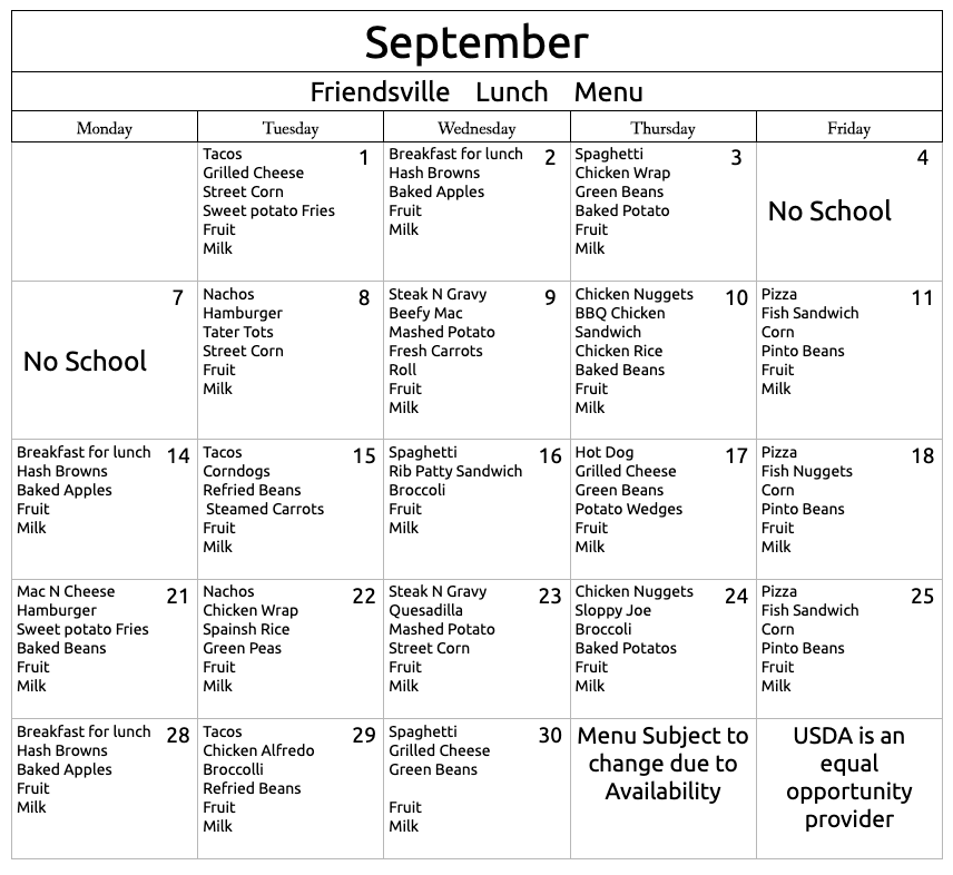 September 2026 lunch menu