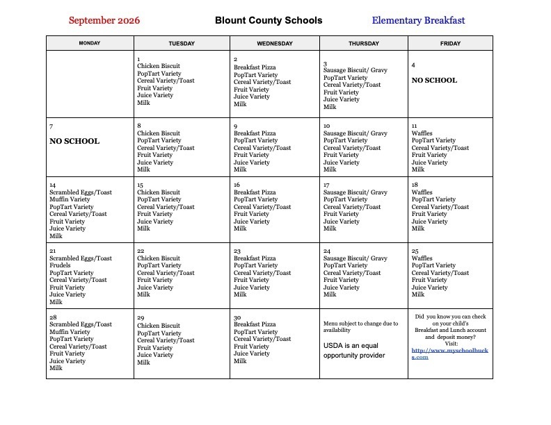 FES Breakfast menu
