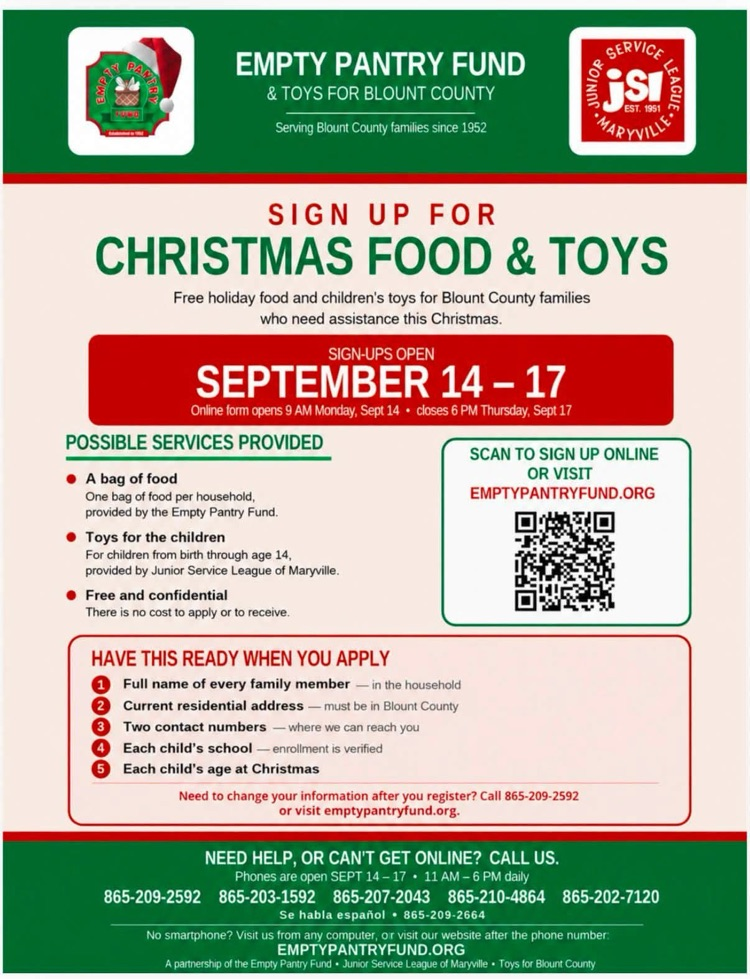 Two informational flyers from the Empty Pantry Fund and Junior Service League of Maryville, one in English and one in Spanish, providing details about free Christmas food and toy assistance for Blount County families. 