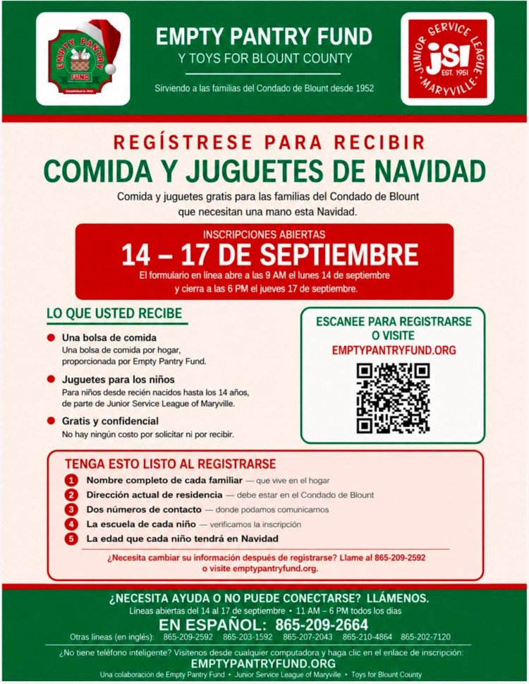 Two informational flyers from the Empty Pantry Fund and Junior Service League of Maryville, one in English and one in Spanish, providing details about free Christmas food and toy assistance for Blount County families. 