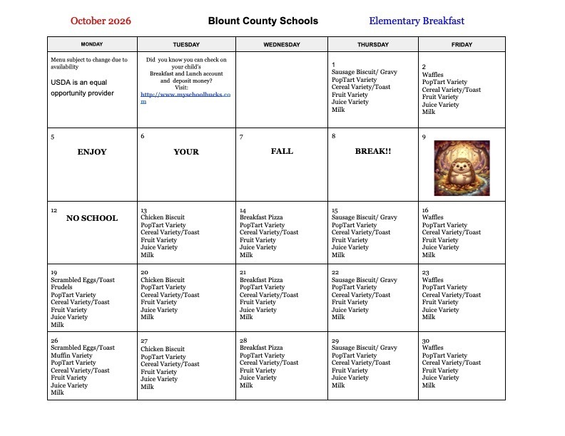 Oct 26 Breakfast Menu