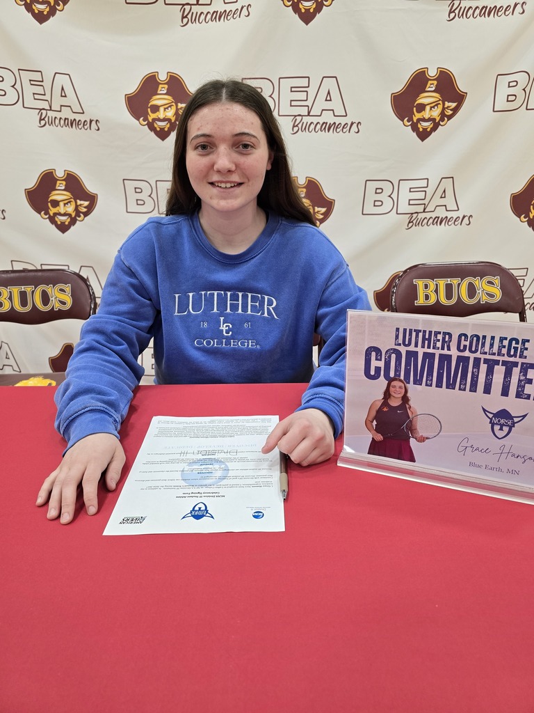 BEA is proud to announce that Grace Hanson signed with Luther College in Decorah, IA and will be part of the Tennis team for the Norse next year.
