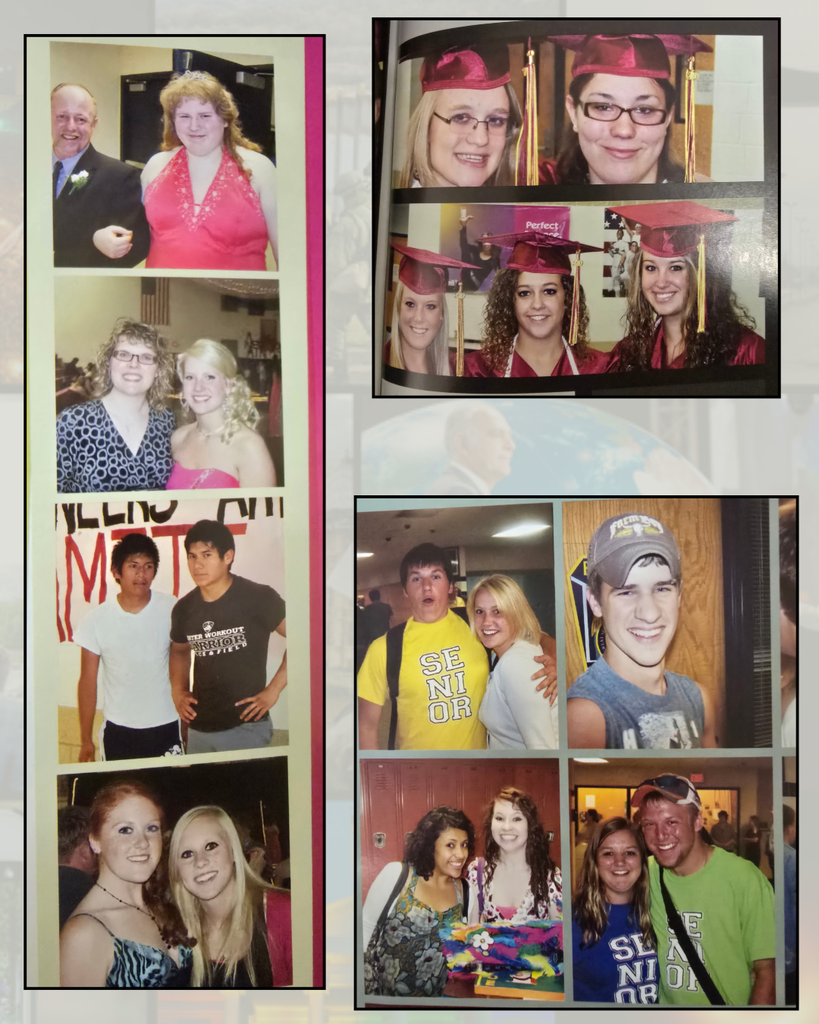A collage page from a school yearbook featuring candid photographs of students divided into distinct panels.  Left Panel: A vertical strip of four photos. The top two photos show students dressed up for a formal event, including a girl in a pink dress standing next to a smiling man in a suit, and two girls posing together. The third photo down shows two young men standing in front of a banner that reads "WINTER WORKOUT WARRIOR." The bottom photo features two smiling girls posing closely together.  Top Right Panel: Two horizontally split photographs of female graduates wearing maroon graduation caps and gowns with gold tassels, smiling for their graduation portraits.  Bottom Right Panel: A grid of four casual photos. The top-left shows a male student making a funny face in a yellow "SENIOR" t-shirt next to a smiling blonde girl. The top-right shows a close-up of a smiling male student wearing a grey baseball cap. The bottom-left features two girls smiling in front of school lockers. The bottom-right shows a smiling couple, with the girl wearing a blue "SENIOR" shirt and the guy wearing a lime green "SENIOR" shirt.