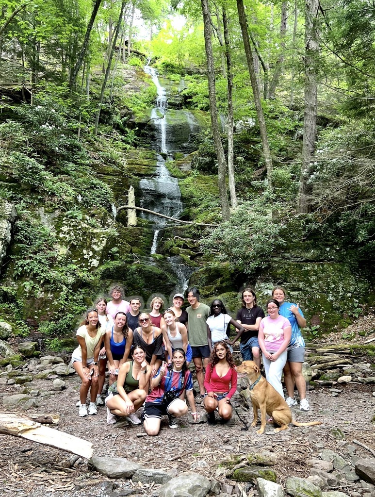 A group of student posing in front of a waterfall.