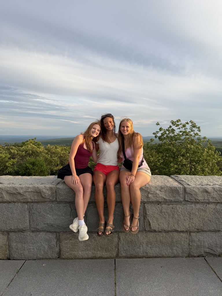 Three girls posing for a photo while sitting on a ledge.