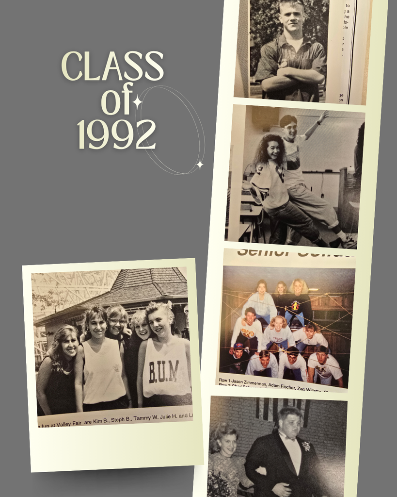 Photo collage of 5 girls on their senior class trip, a couple at Prom and two posing while dancing in class.