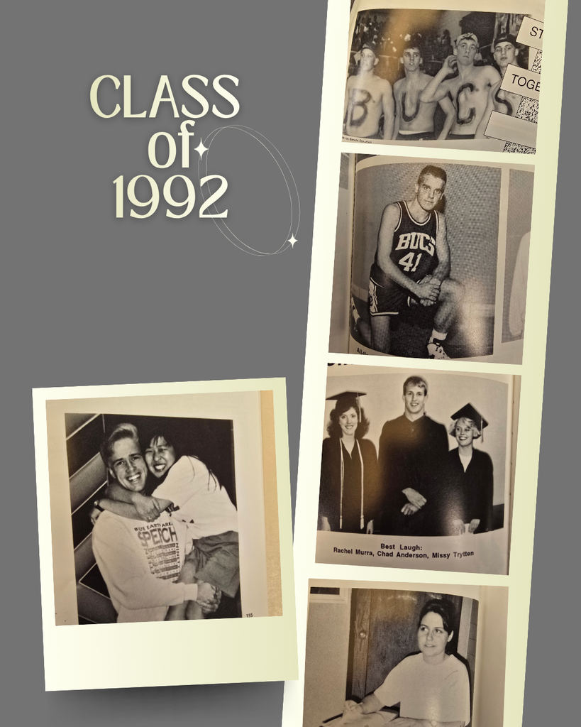photo college of students from 1992, some cheering on their sport teams, others at graduation and one posing in his basketball jersey.