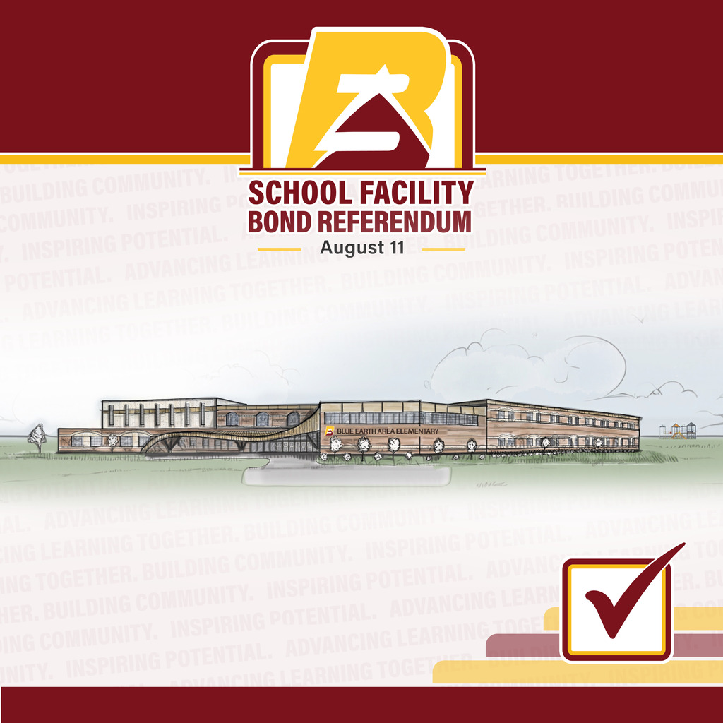 School Facility Bond Referendum August 11 with a drawing of a new school