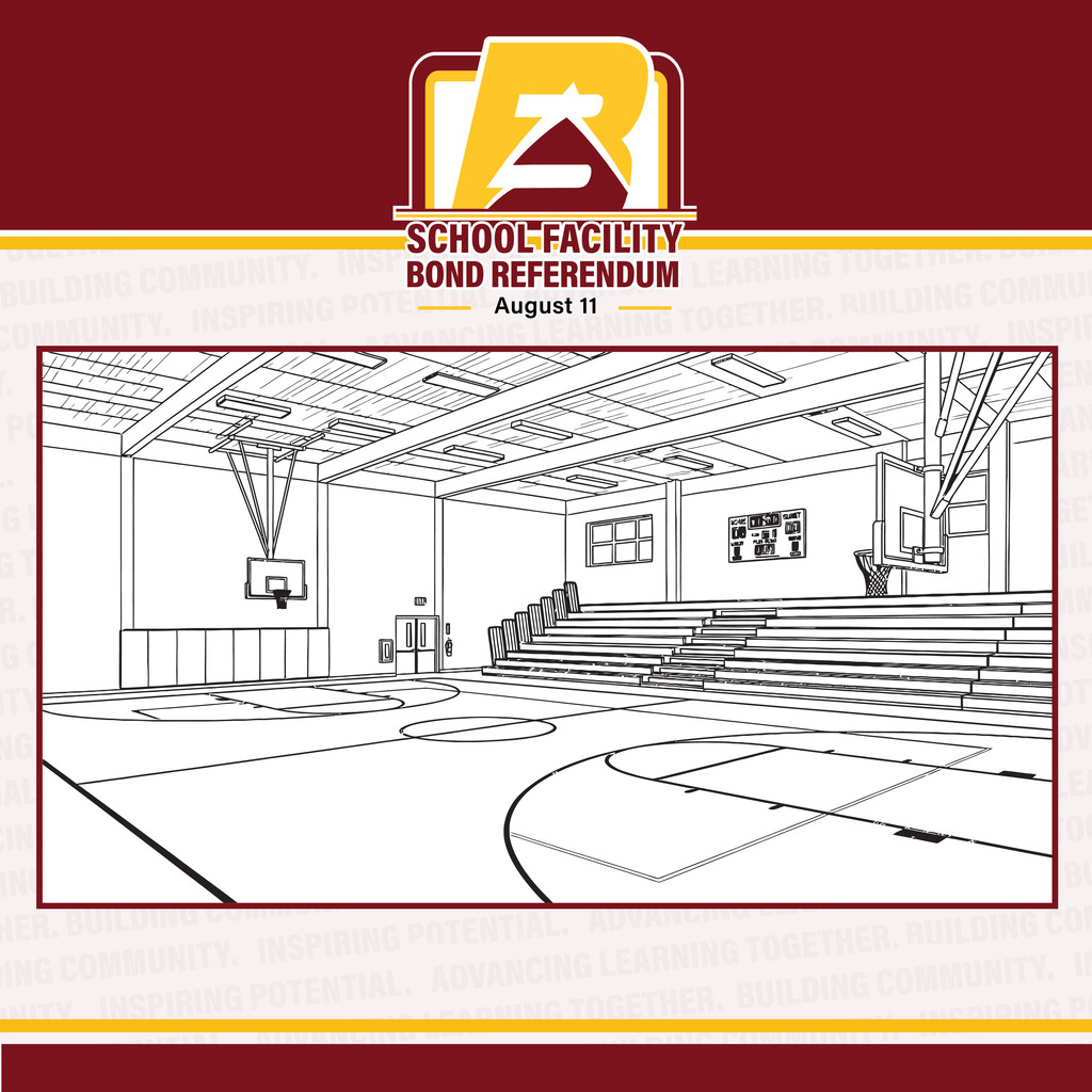 School Facility Bond Referendum August 11 with a drawing of a new gym