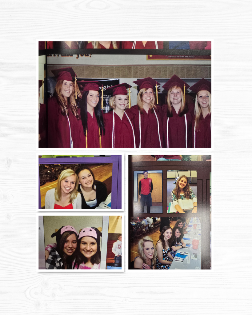 A collage of photos from the 2011 yearbook . Student at Graduation, sitting at the lunch table and ones just hanging out in the hallway.