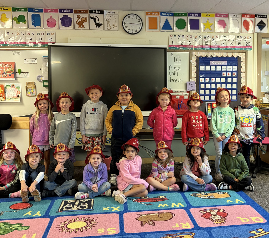 A classroom full of kids wearing firehats.