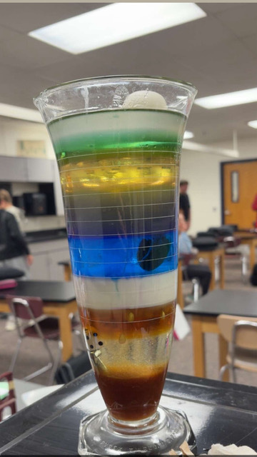 A container displaying different liquids of different densities.