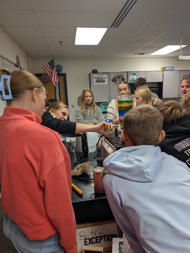 A teacher pointing out where objects are landing within the different liquids due to the densities.