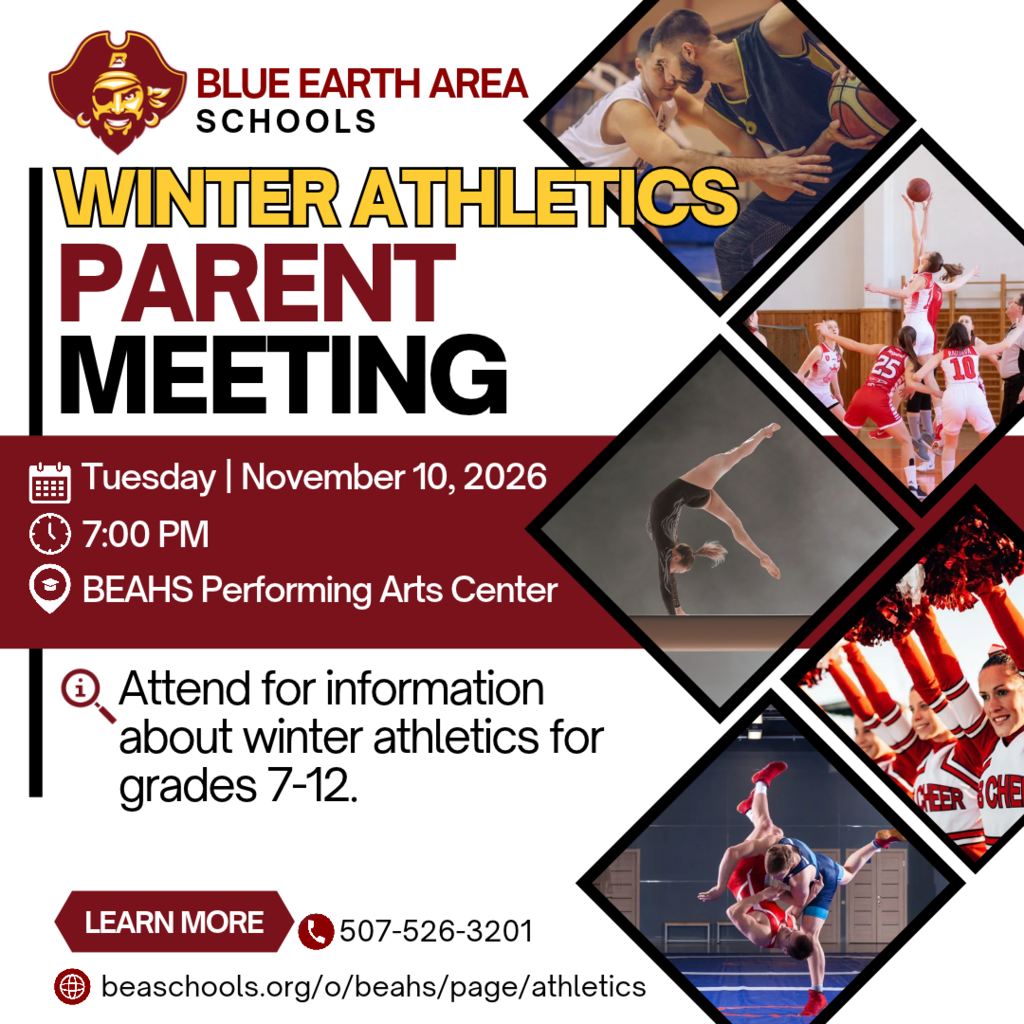 Poster with red border, blue text, and photos of people in sports uniforms. "Blue Earth Area Schools Winter Athletics Parent Meeting"
