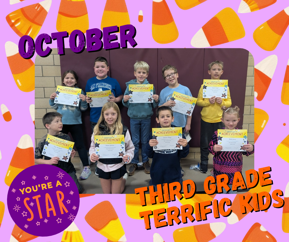 Nine third grade students stand in a row, each holding a certificate. The background has a Halloween theme.
