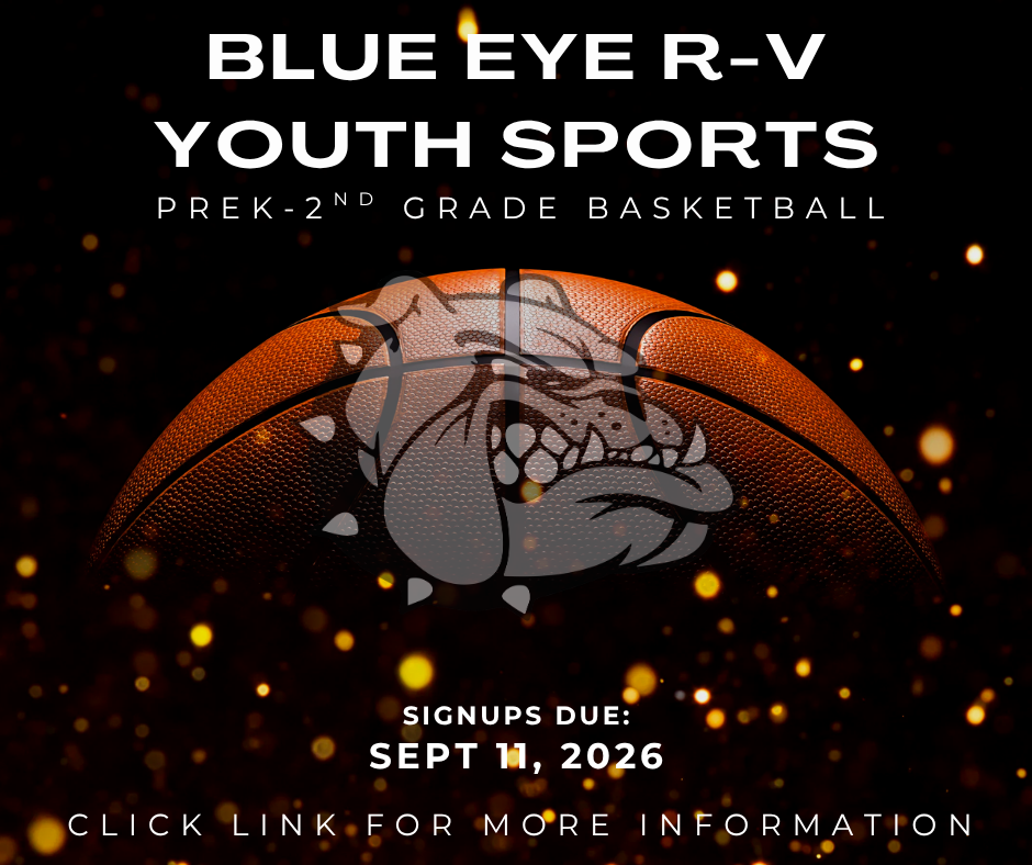 Promotional graphic for Blue Eye R-V Youth Sports PreK–2nd Grade Basketball signups, due September 11, 2026.