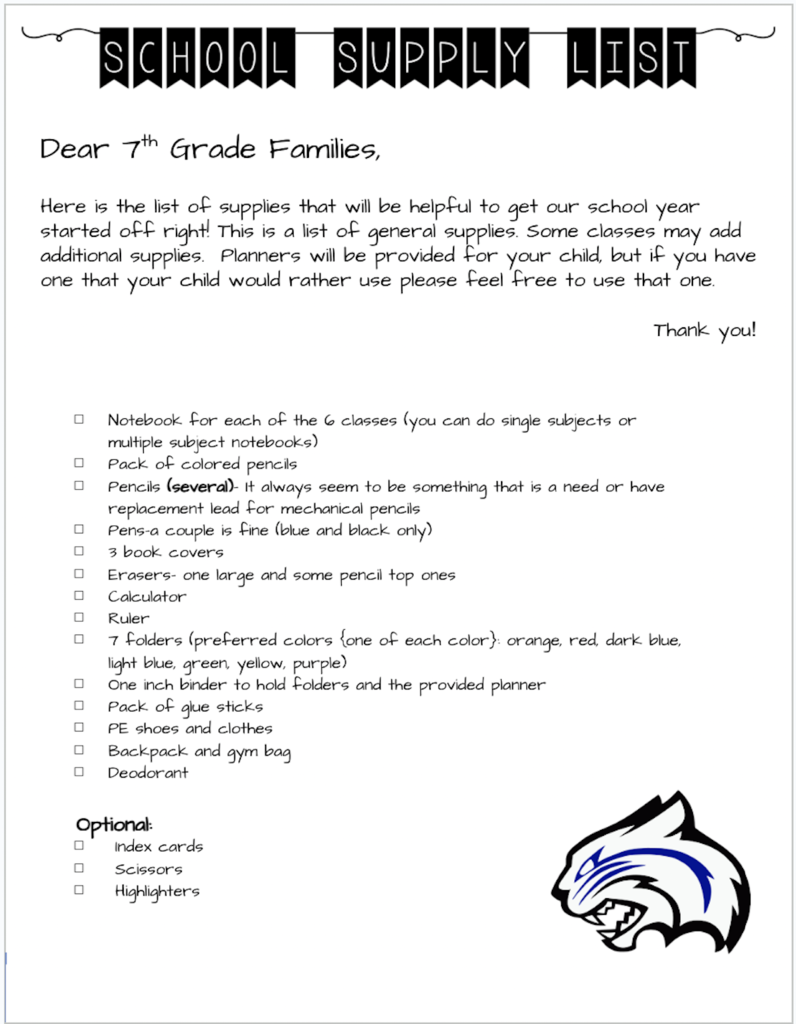 7th Grade Supply List - 2025-2026