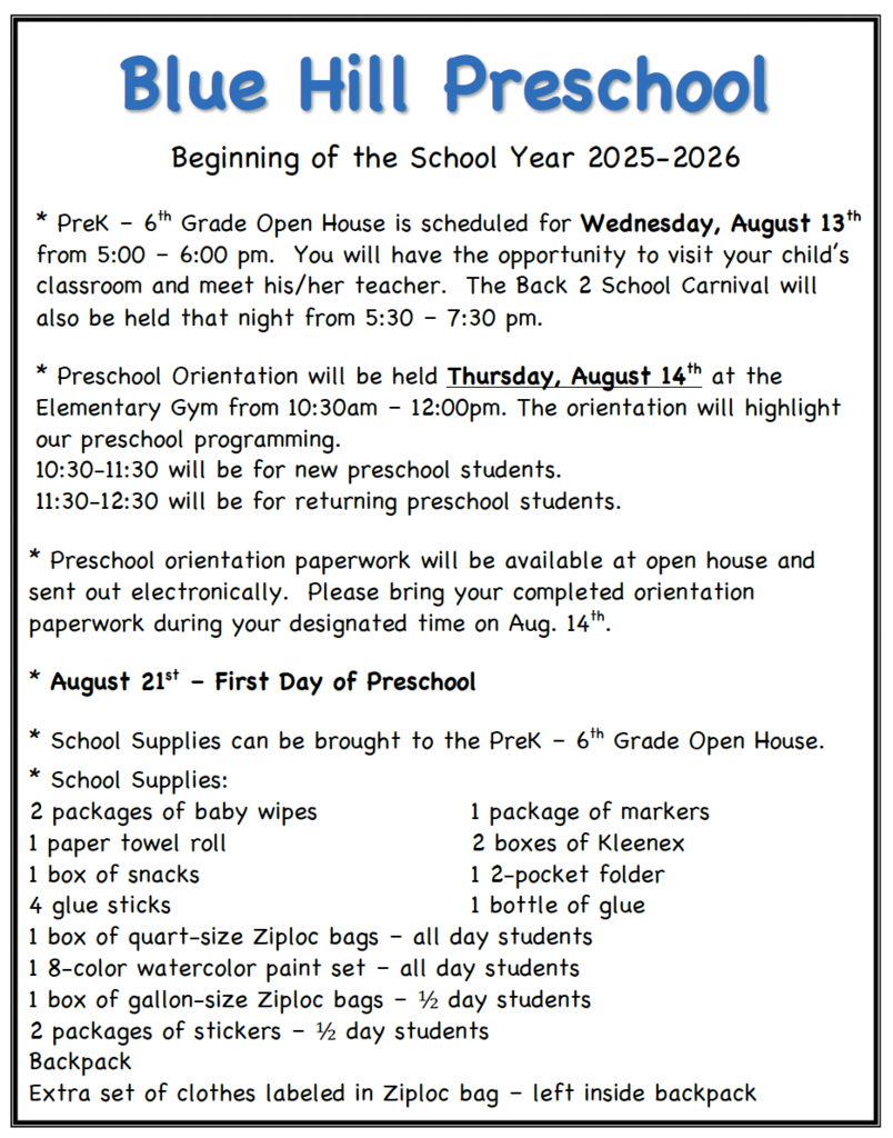 Preschool Information - 2025-2026