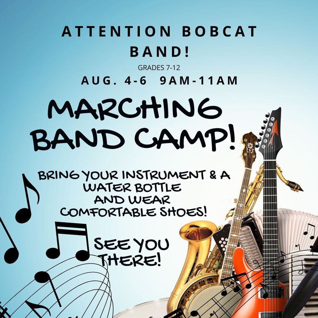 Calling all JH and HS Band Students! We will grill hamburgers and hotdogs for lunch on Aug. 6 :)