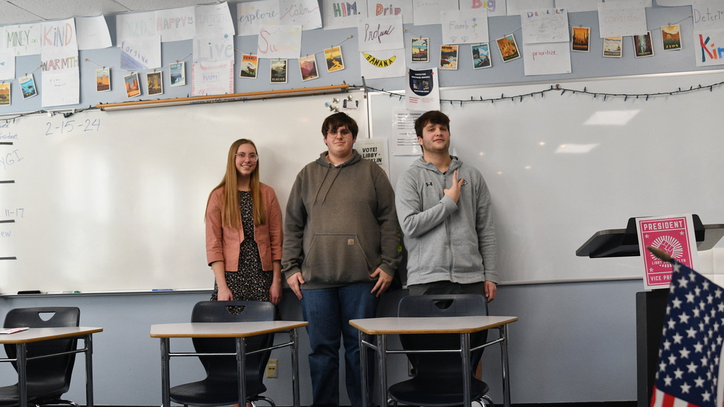 The senior civics class is having lots of fun with mock congress! After learning about our government and how it functions this past semester, we are now putting learning into action by participating in our very own mock civics class government. Last week we campaigned and held presidential debates & elections. Congratulations to Libby Macklin and Jaelyn Himmelberg for being elected as president and vice president. Today we will be appointing 3 supreme court justices!