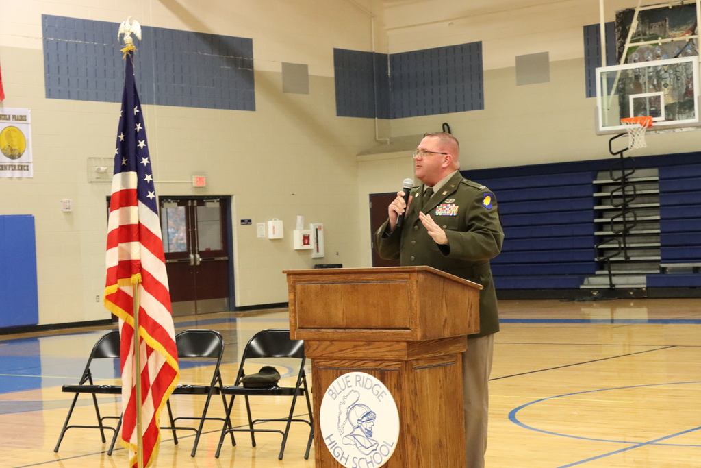 Tim Newman speaking at the BRHS Veterans Day Assembly