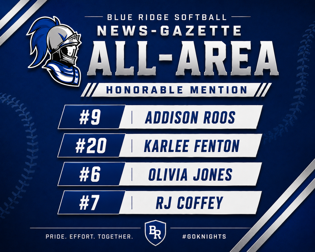 Congratulations to our Blue Ridge Softball athletes on earning News-Gazette All-Area Honorable Mention recognition!
This honor reflects the dedication, hard work, and commitment these athletes demonstrated throughout the season.