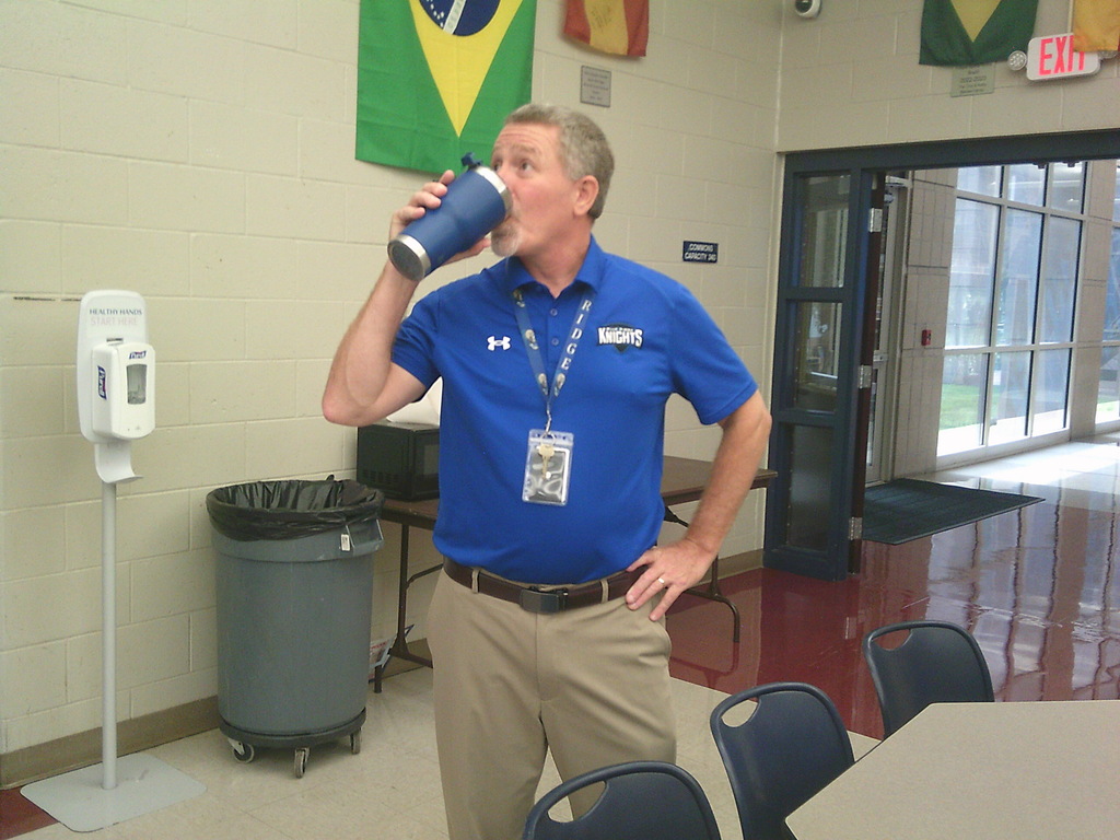Mr. Easter fueling up with his coffee on the first day of school. 